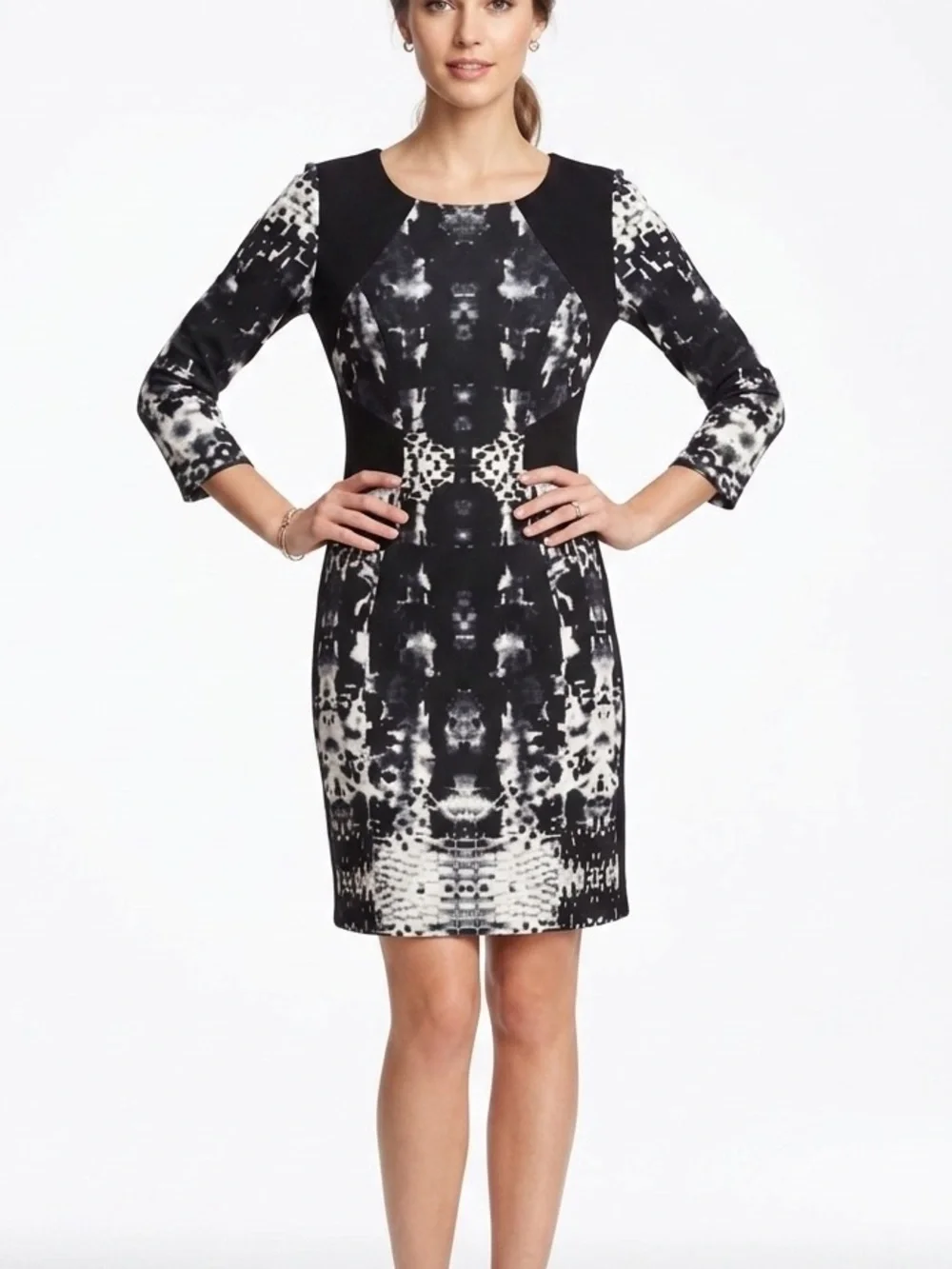 Yoana Baraschi Black White Abstract Sheath Dress Size 4 Career Cocktail
